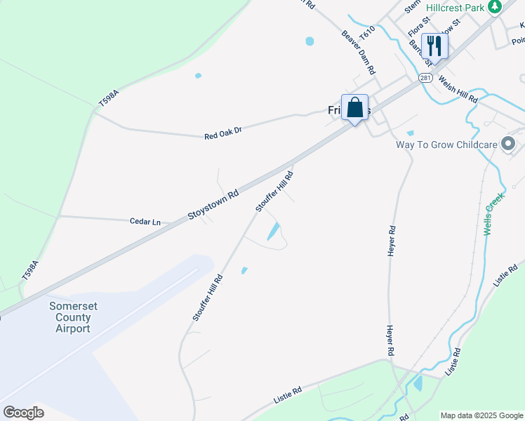 map of restaurants, bars, coffee shops, grocery stores, and more near 164 Stouffer Hill Road in Friedens