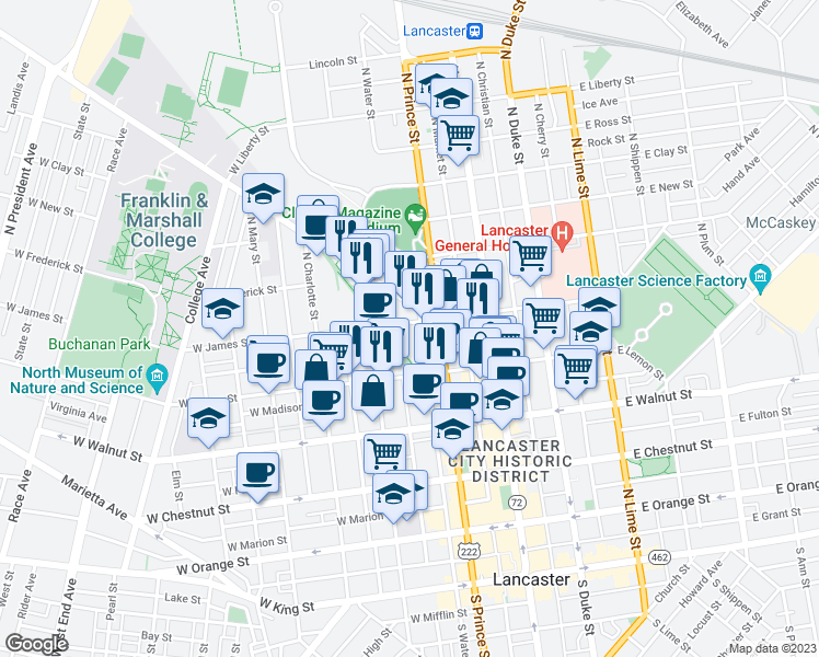 map of restaurants, bars, coffee shops, grocery stores, and more near 216 1/2 West James Street in Lancaster