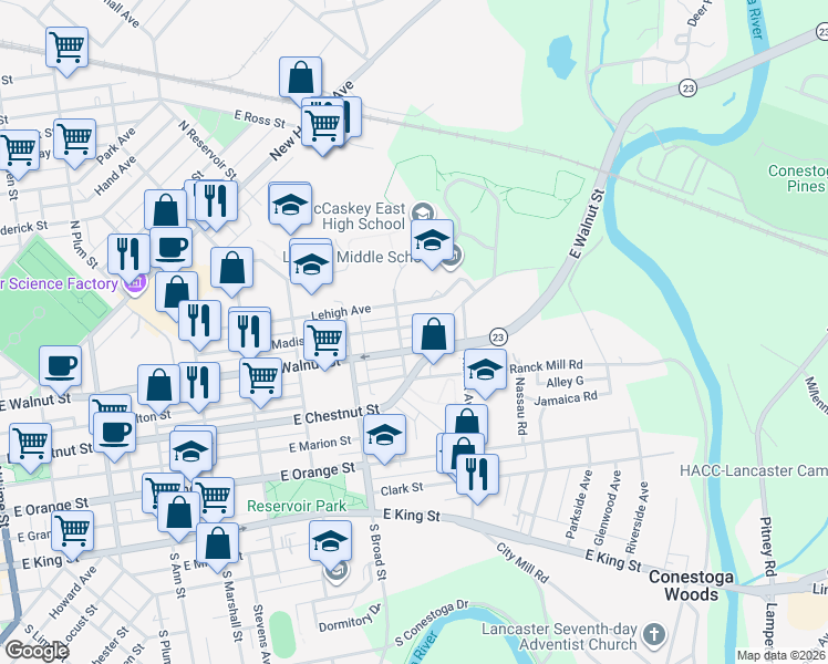 map of restaurants, bars, coffee shops, grocery stores, and more near 1014 Ayres Court in Lancaster