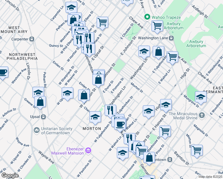 map of restaurants, bars, coffee shops, grocery stores, and more near 113 East Pomona Street in Philadelphia