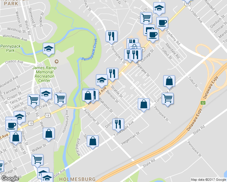 map of restaurants, bars, coffee shops, grocery stores, and more near 4432 Strahle Street in Philadelphia