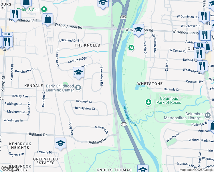 map of restaurants, bars, coffee shops, grocery stores, and more near 4169 Olentangy River Road in Columbus