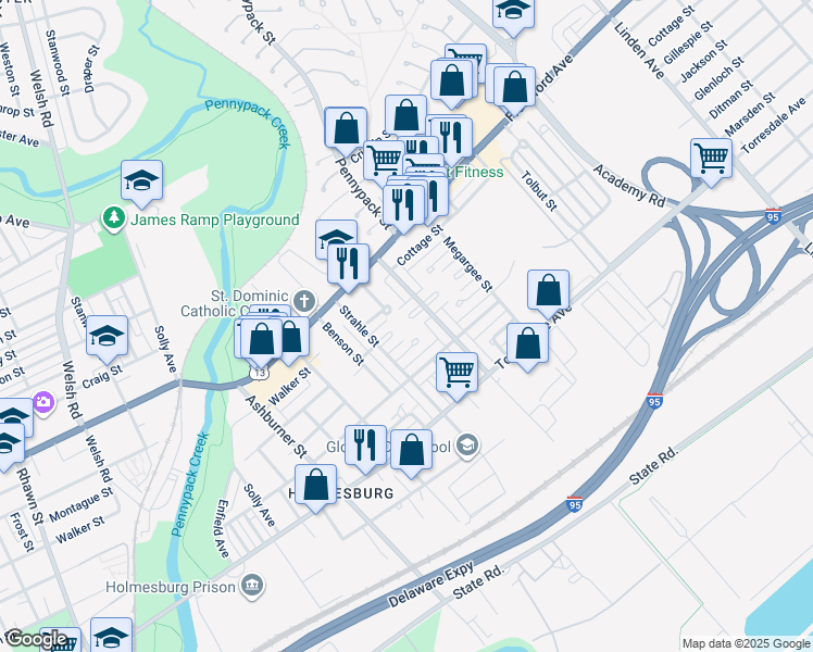 map of restaurants, bars, coffee shops, grocery stores, and more near 8634 Jackson Street in Philadelphia