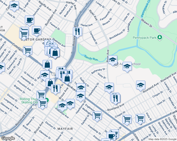 map of restaurants, bars, coffee shops, grocery stores, and more near 7527 Brous Avenue in Philadelphia