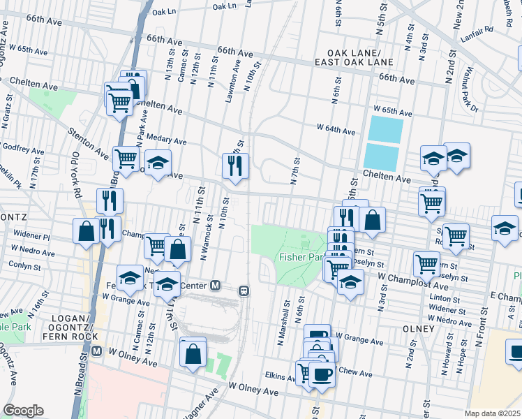 map of restaurants, bars, coffee shops, grocery stores, and more near 6128 North 8th Street in Philadelphia