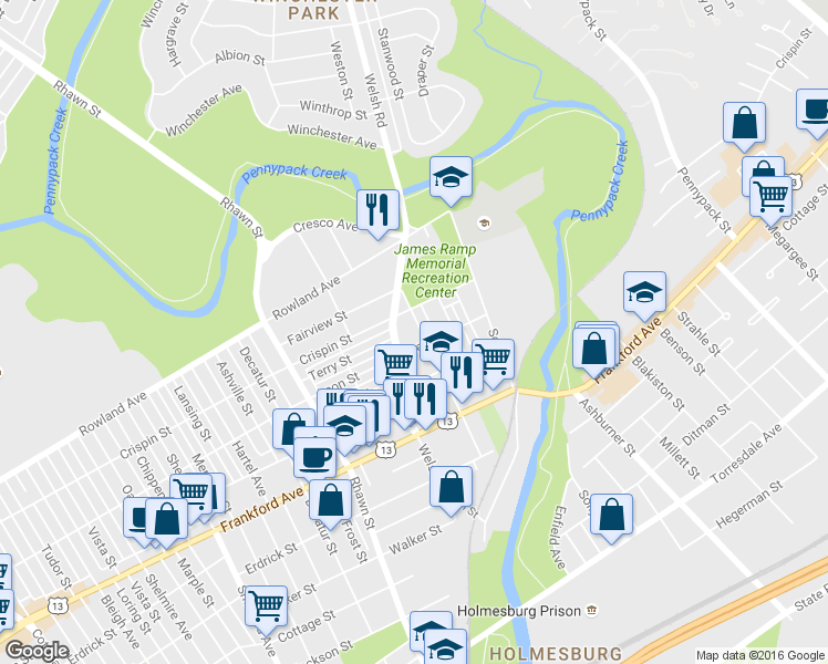 map of restaurants, bars, coffee shops, grocery stores, and more near 3422 Stanwood Street in Philadelphia