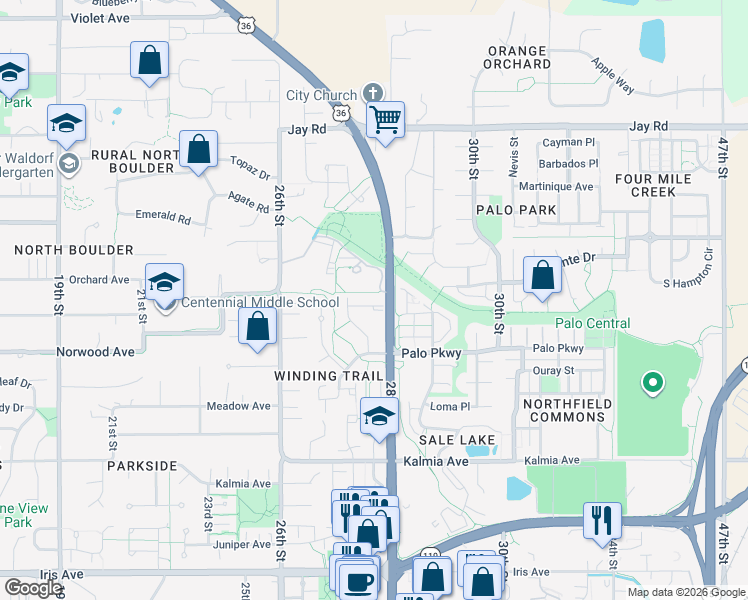 map of restaurants, bars, coffee shops, grocery stores, and more near 2747 Northbrook Place in Boulder