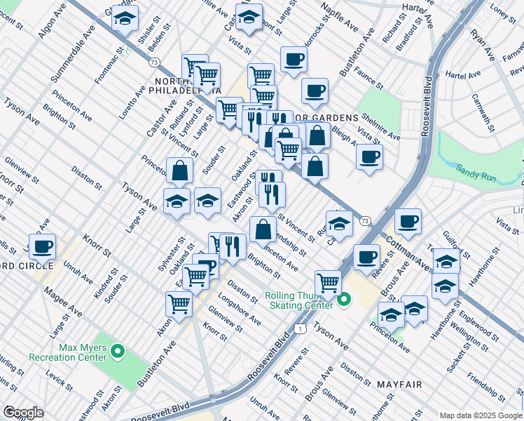 map of restaurants, bars, coffee shops, grocery stores, and more near 7149 Saul Street in Philadelphia