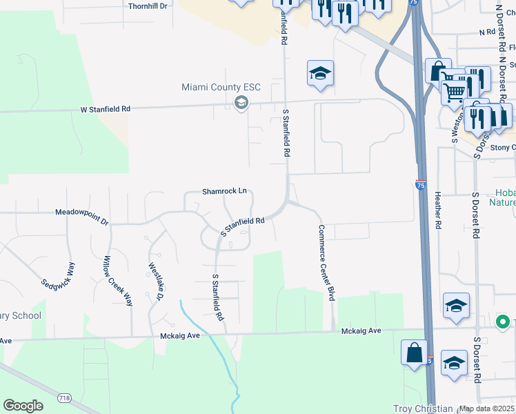 map of restaurants, bars, coffee shops, grocery stores, and more near 2207 Shamrock Lane in Troy