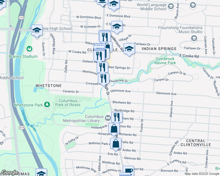 map of restaurants, bars, coffee shops, grocery stores, and more near 4080 North High Street in Columbus