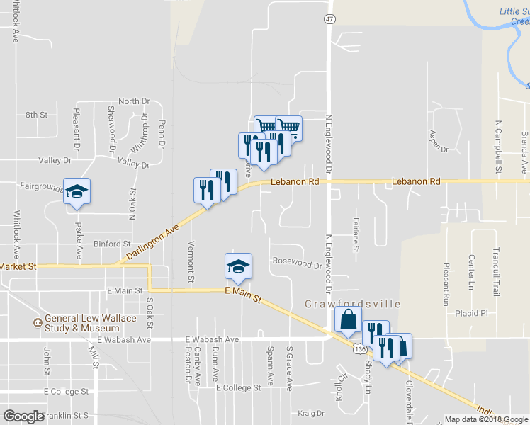 map of restaurants, bars, coffee shops, grocery stores, and more near 414 Glenn Knecht Drive in Crawfordsville
