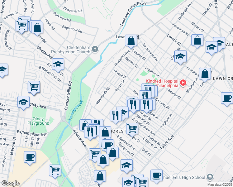 map of restaurants, bars, coffee shops, grocery stores, and more near 5826 Reach Street in Philadelphia