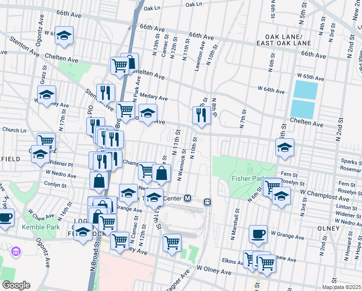 map of restaurants, bars, coffee shops, grocery stores, and more near 6108 North 11th Street in Philadelphia
