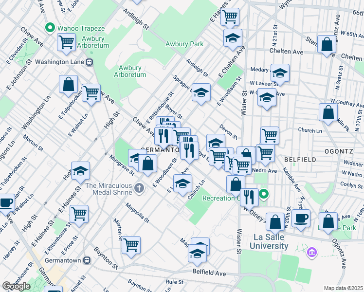 map of restaurants, bars, coffee shops, grocery stores, and more near 823 East Woodlawn Street in Philadelphia
