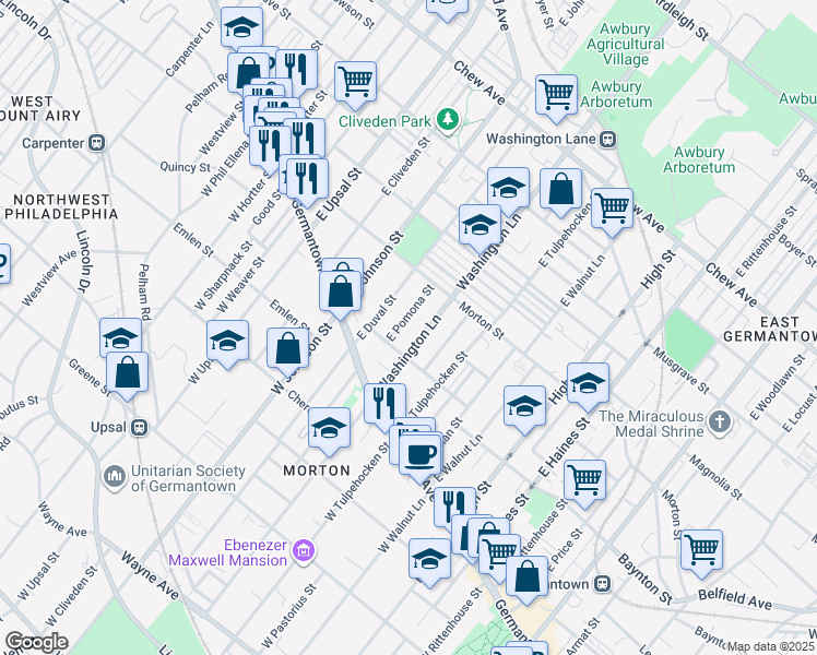 map of restaurants, bars, coffee shops, grocery stores, and more near 121 East Pomona Street in Philadelphia