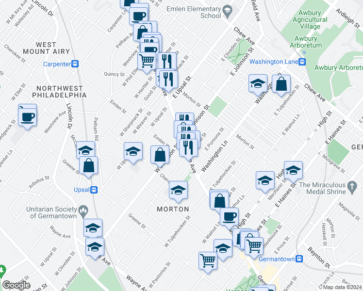 map of restaurants, bars, coffee shops, grocery stores, and more near 25 West Johnson Street in Philadelphia