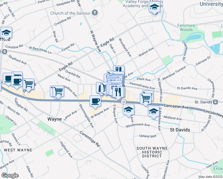 map of restaurants, bars, coffee shops, grocery stores, and more near in Wayne
