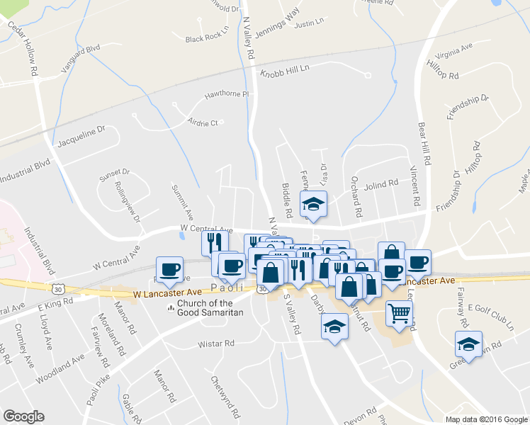 map of restaurants, bars, coffee shops, grocery stores, and more near 24 Woodbine Avenue in Paoli