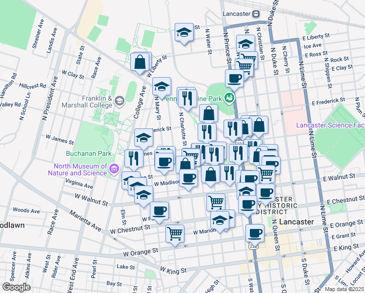 map of restaurants, bars, coffee shops, grocery stores, and more near in Lancaster