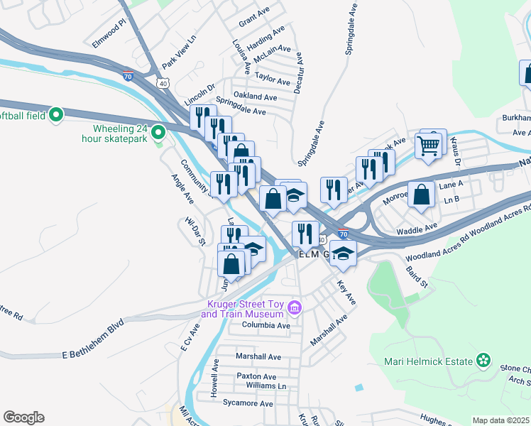 map of restaurants, bars, coffee shops, grocery stores, and more near in Wheeling