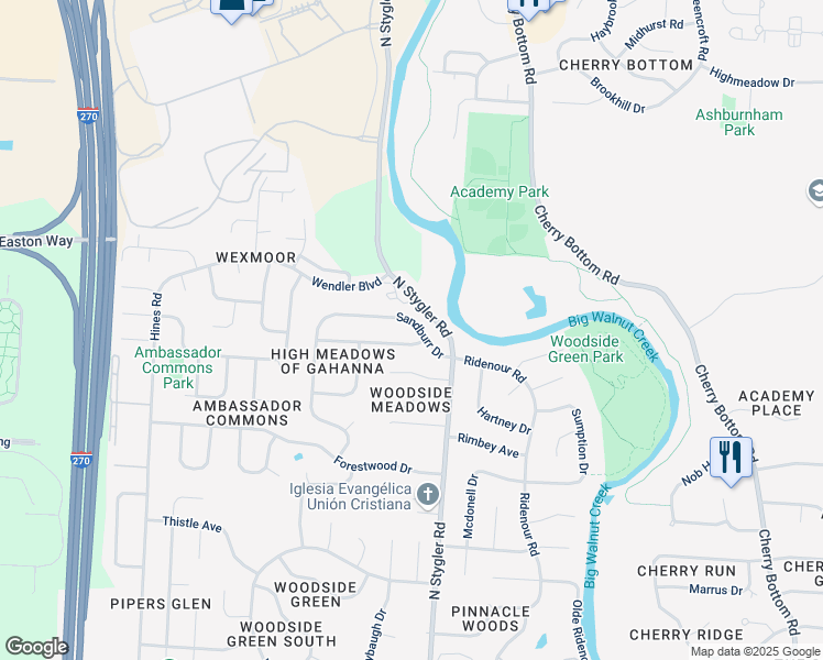 map of restaurants, bars, coffee shops, grocery stores, and more near 401 Sandburr Drive in Gahanna