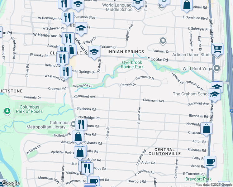 map of restaurants, bars, coffee shops, grocery stores, and more near 4059 Glenmont Place in Columbus
