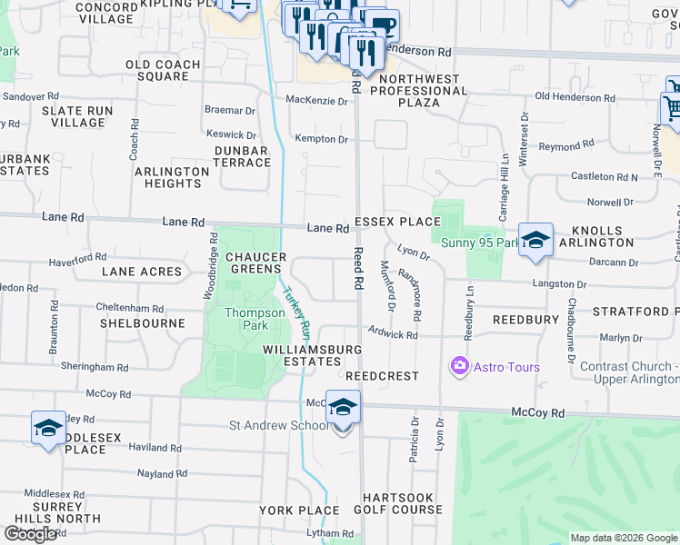 map of restaurants, bars, coffee shops, grocery stores, and more near 4345 Reed Road in Columbus