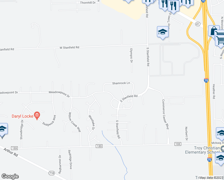 map of restaurants, bars, coffee shops, grocery stores, and more near 2375 Meadowpoint Drive in Troy