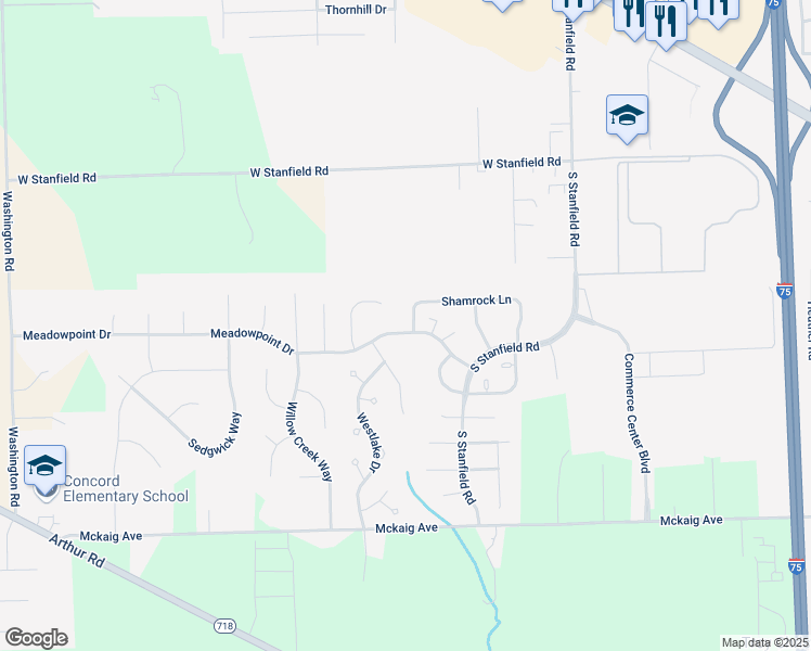 map of restaurants, bars, coffee shops, grocery stores, and more near 2421 Meadowpoint Drive in Troy