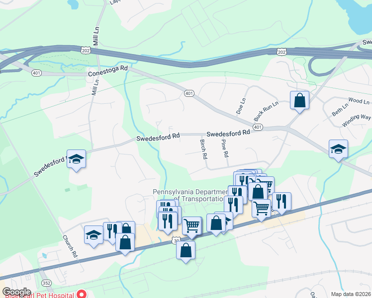 map of restaurants, bars, coffee shops, grocery stores, and more near 7 Willow Drive in Malvern