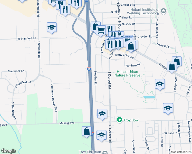 map of restaurants, bars, coffee shops, grocery stores, and more near 73b Heather Road in Troy