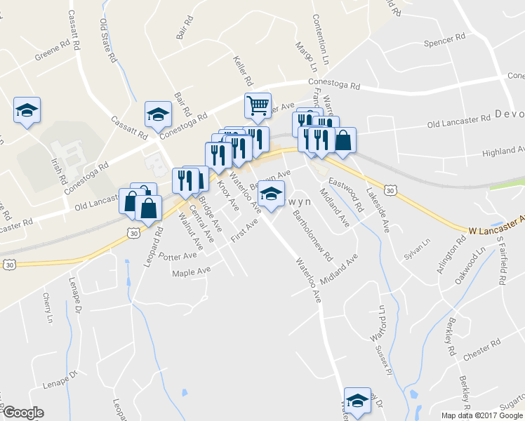 map of restaurants, bars, coffee shops, grocery stores, and more near 71 Waterloo Avenue in Berwyn