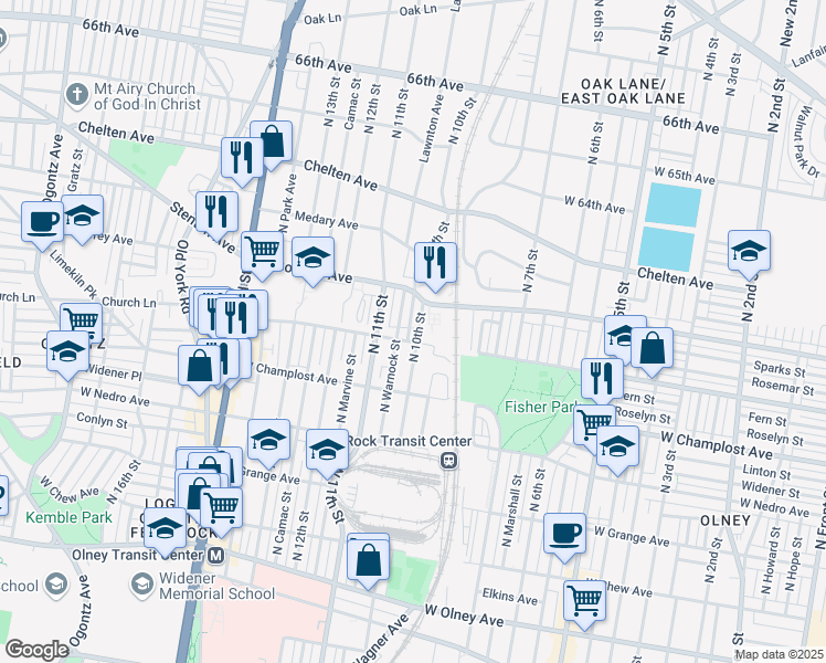 map of restaurants, bars, coffee shops, grocery stores, and more near 6100 North 10th Street in Philadelphia