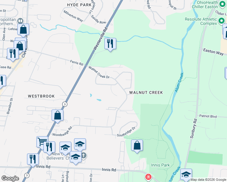 map of restaurants, bars, coffee shops, grocery stores, and more near 3690 Woodcutter Lane in Columbus