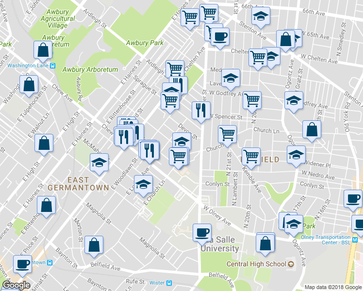 map of restaurants, bars, coffee shops, grocery stores, and more near 5519 Boyer Street in Philadelphia