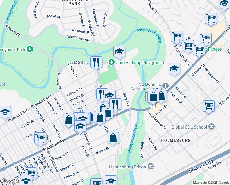 map of restaurants, bars, coffee shops, grocery stores, and more near 3501 Arthur Street in Philadelphia