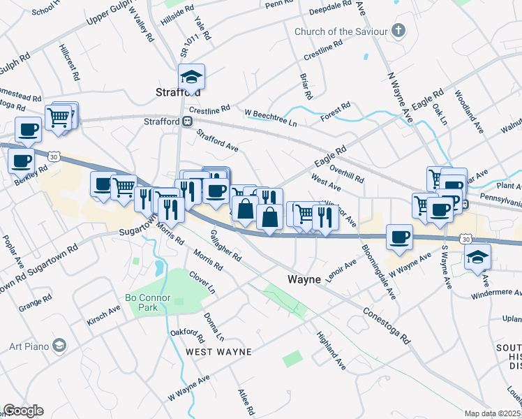 map of restaurants, bars, coffee shops, grocery stores, and more near 200 Eagle Road in Wayne