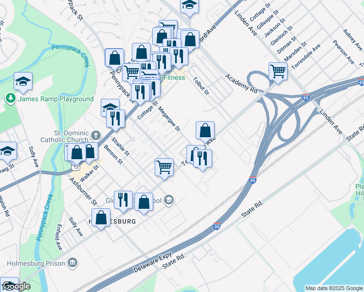 map of restaurants, bars, coffee shops, grocery stores, and more near 8750 Marsden Street in Philadelphia
