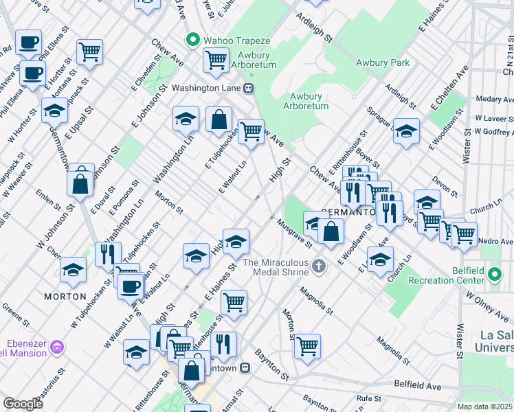 map of restaurants, bars, coffee shops, grocery stores, and more near 522 East High Street in Philadelphia