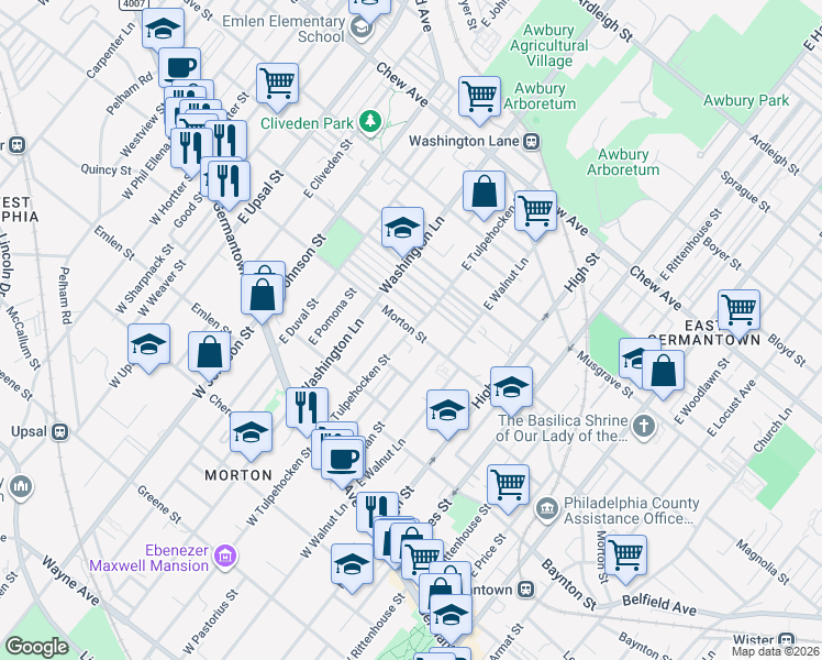map of restaurants, bars, coffee shops, grocery stores, and more near E Tulpehocken St & Morton St in Philadelphia