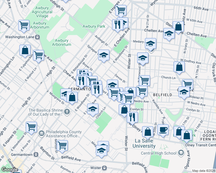 map of restaurants, bars, coffee shops, grocery stores, and more near 5535 Boyer Street in Philadelphia