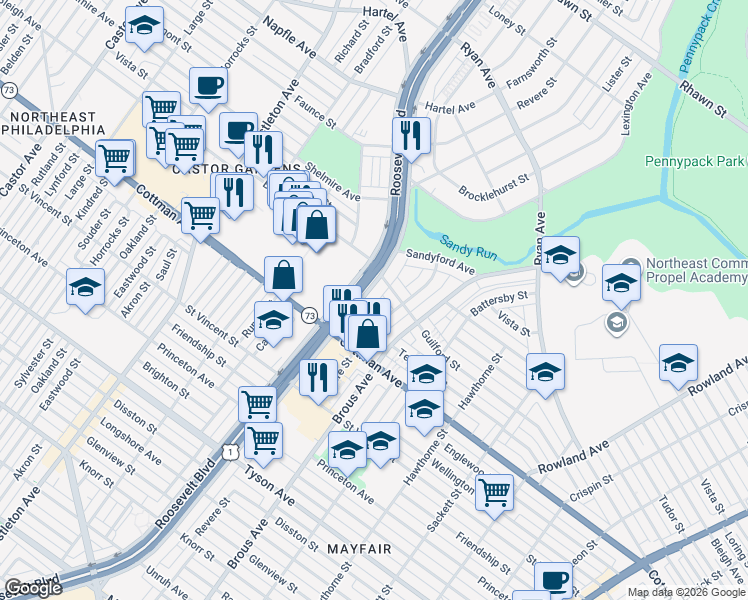 map of restaurants, bars, coffee shops, grocery stores, and more near 7345 Roosevelt Boulevard in Philadelphia