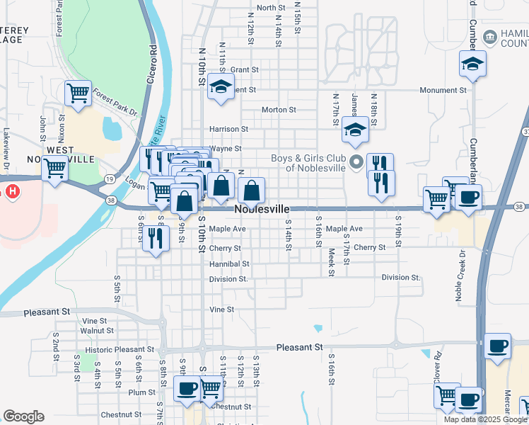 map of restaurants, bars, coffee shops, grocery stores, and more near 1335 Conner Street in Noblesville