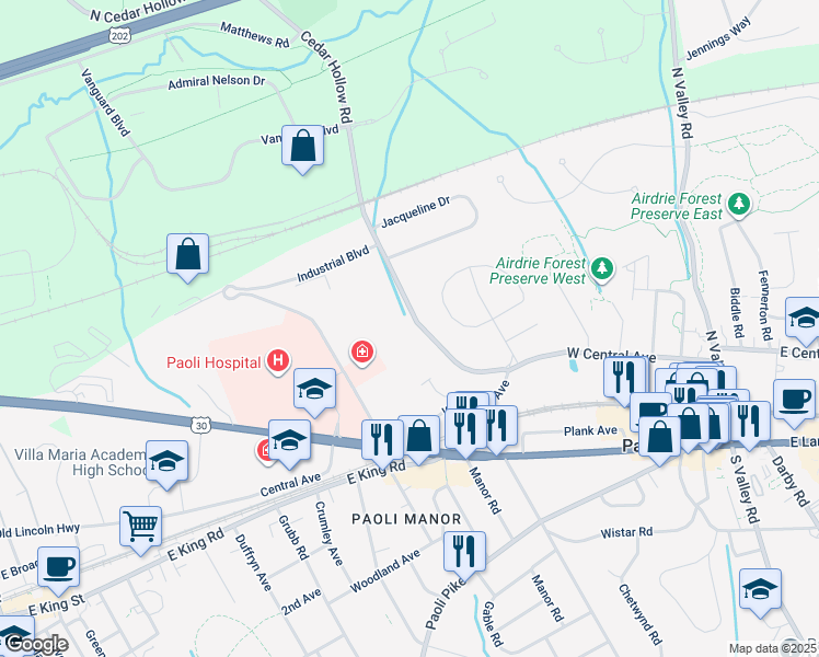 map of restaurants, bars, coffee shops, grocery stores, and more near 29 North Cedar Hollow Road in Paoli