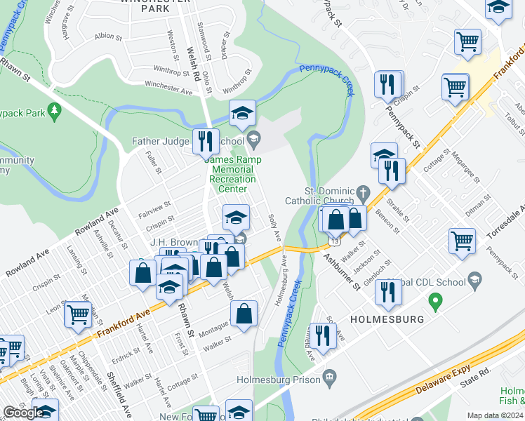 map of restaurants, bars, coffee shops, grocery stores, and more near 3510 Solly Avenue in Philadelphia