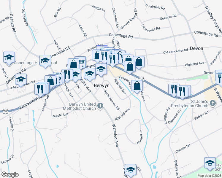 map of restaurants, bars, coffee shops, grocery stores, and more near 558 Woodside Avenue in Berwyn