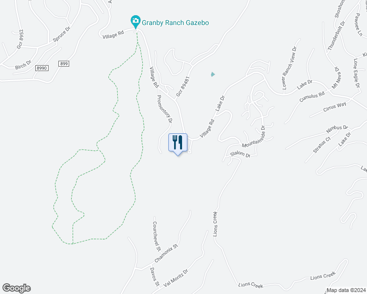 map of restaurants, bars, coffee shops, grocery stores, and more near 998 Village Road in Granby