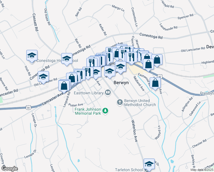 map of restaurants, bars, coffee shops, grocery stores, and more near 62 Waterloo Avenue in Berwyn