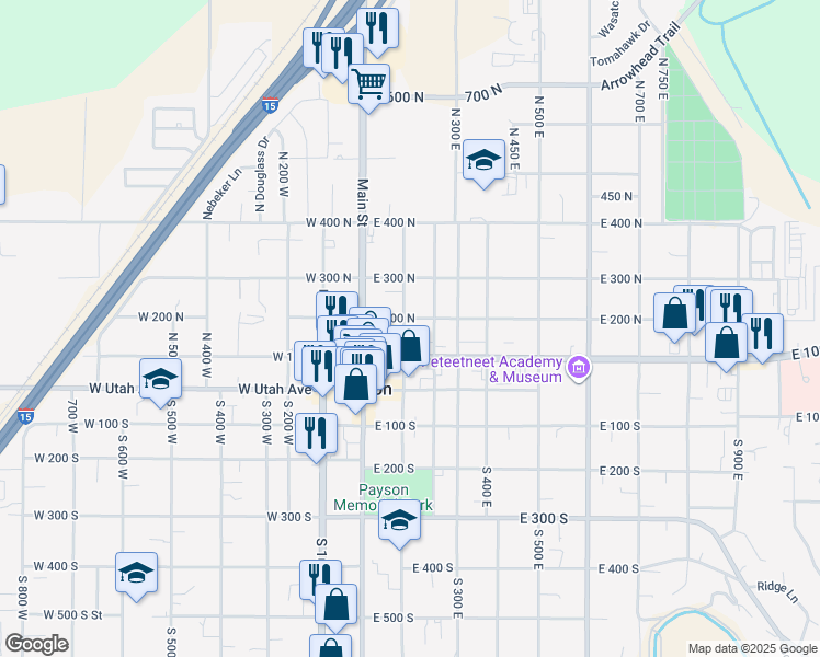 map of restaurants, bars, coffee shops, grocery stores, and more near 170 North 100 East in Payson