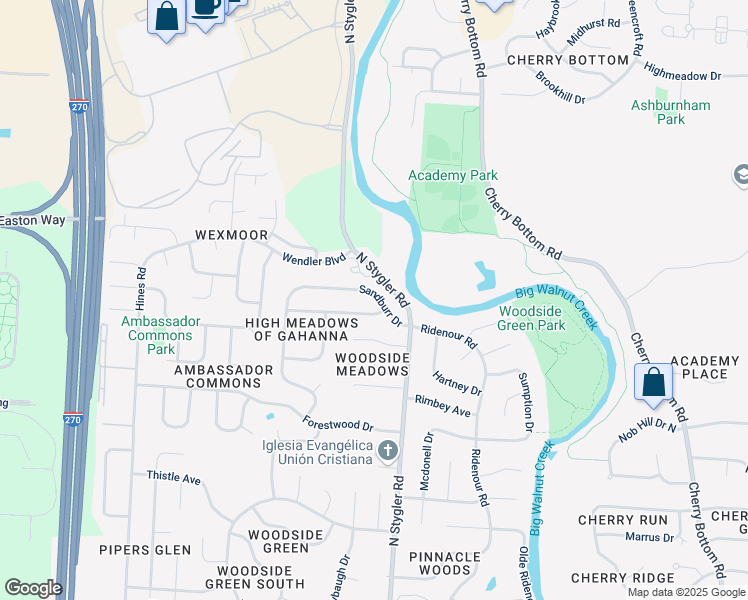 map of restaurants, bars, coffee shops, grocery stores, and more near 401 Sandburr Drive in Gahanna